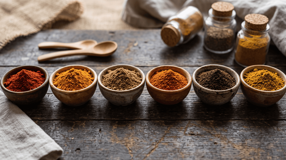 Bulk spice supplier offering fresh natural turmeric, garlic, red chilli, and Kasuri methi by VERTEX