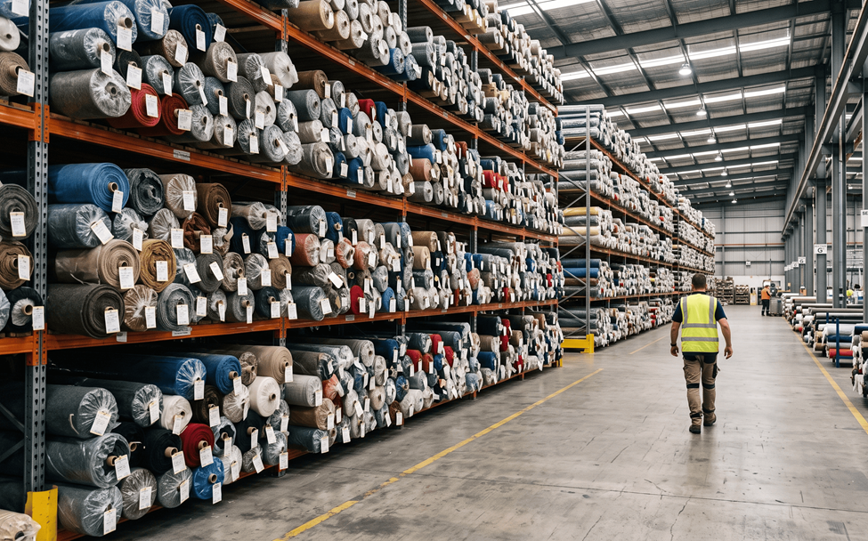 **Alt Text:**
VERTEX textile fabric rolls stored in warehouse showcasing organized bulk fabric supply for apparel manufacturing and textile industry use