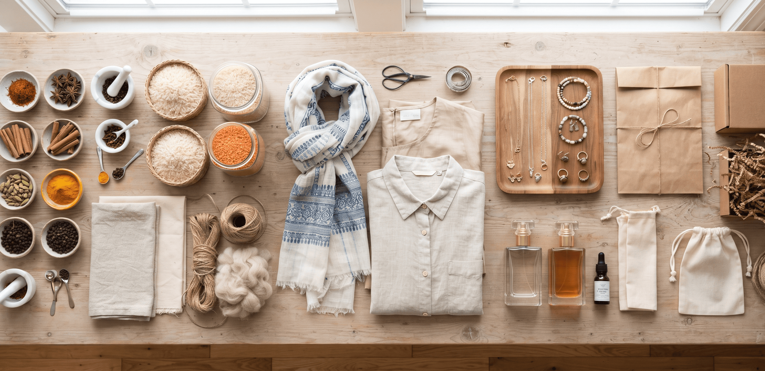 Multi-industry product display representing VERTEX's global sourcing and export network across agriculture, textiles, jewelry, fragrances, and industrial materials