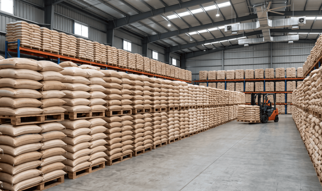 Basmati rice stored in a warehouse before international export