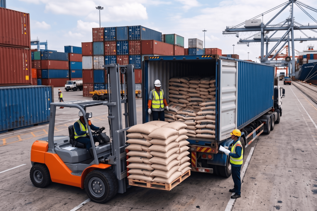 Staff overseeing final container loading after professional rice moisture testing to ensure export quality