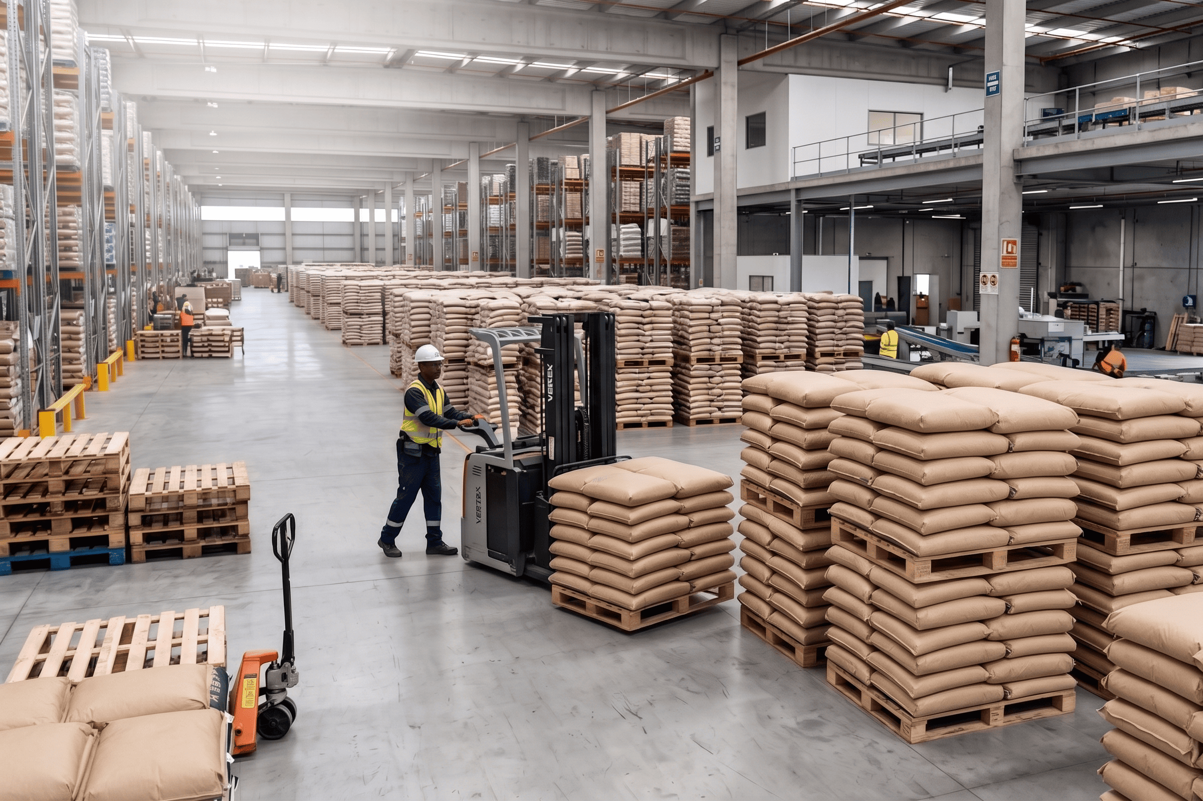 Stacks of premium rice bags in a warehouse confirmed to have optimal moisture content for shipping