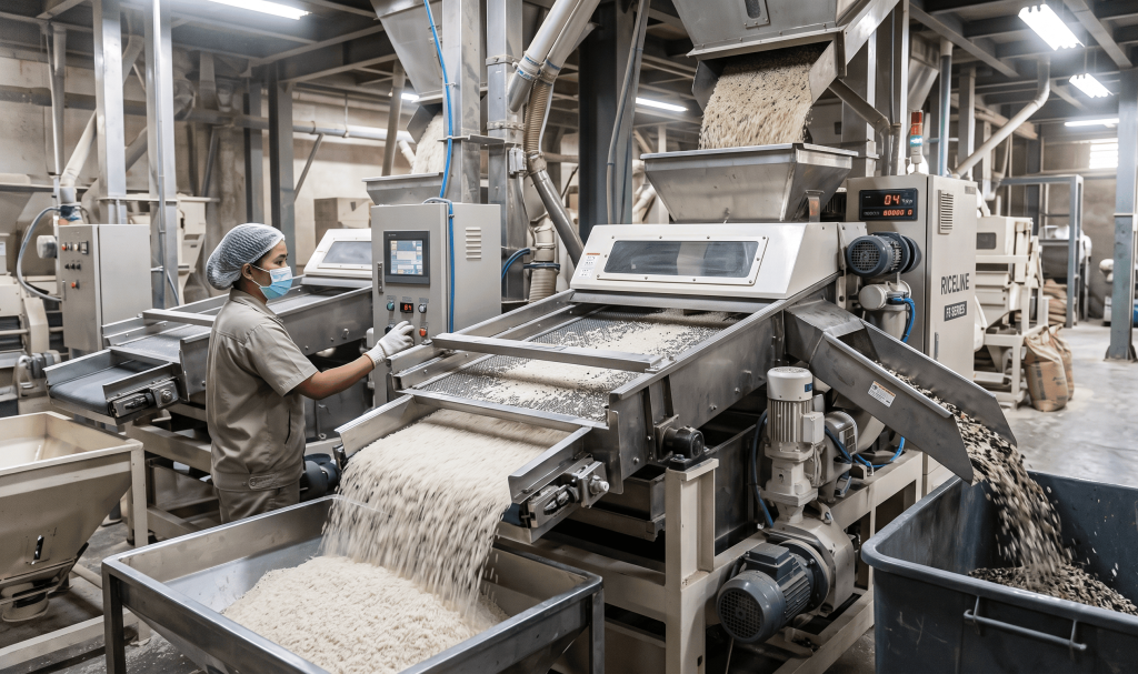 Automated rice sorting and grading process used after initial moisture assessment for maximum consistency