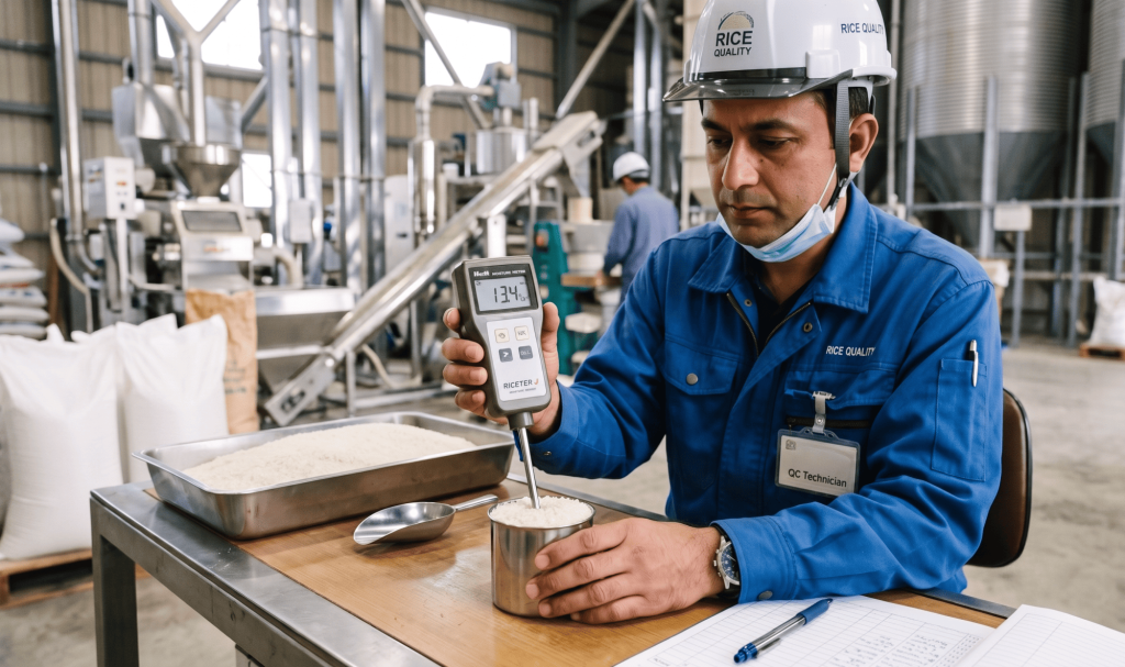 Technician using a digital meter for precise rice moisture testing during quality control