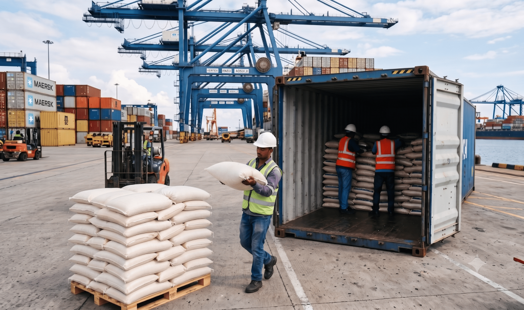 Rice shipment containers being loaded for overseas distribution