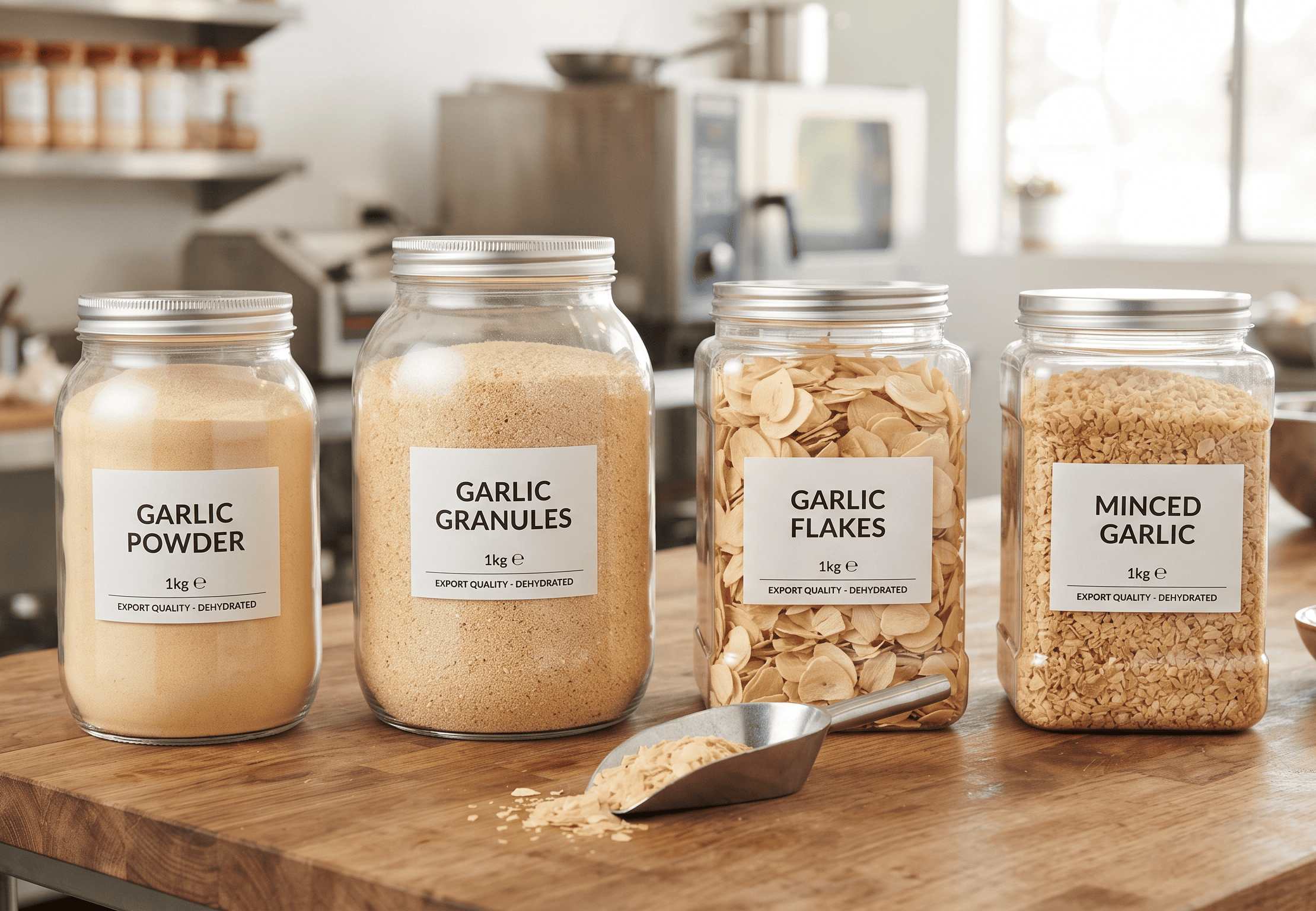 Export quality dehydrated garlic including garlic powder, granules, flakes, and minced garlic for food processing