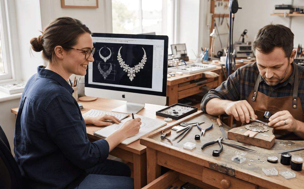 CAD design and artisan craftsmanship working together in modern jewelry production