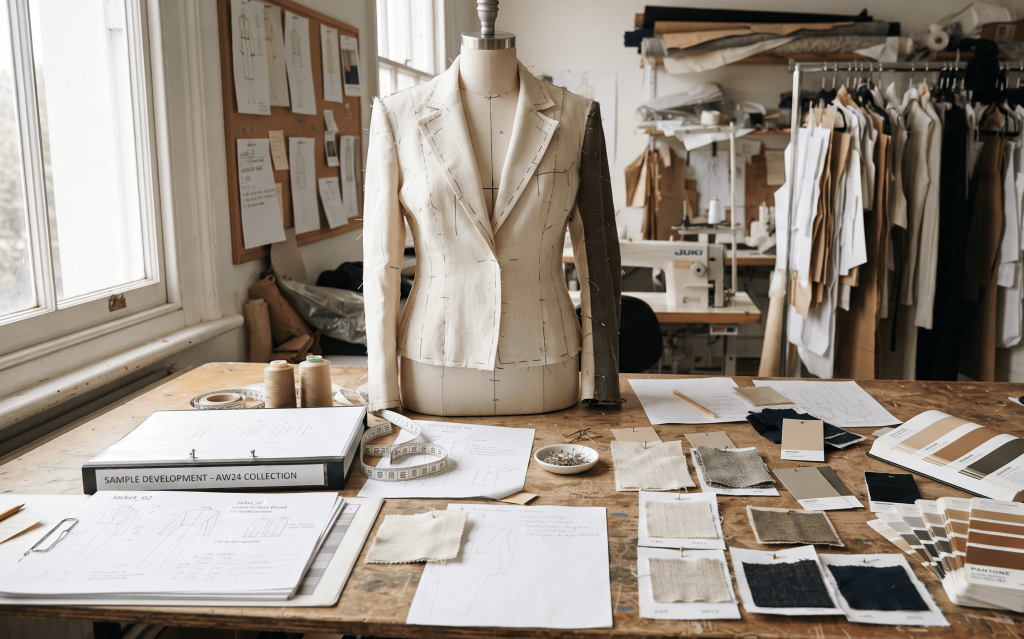 Clothing sample development with fabric swatches, garment prototype, and quality review