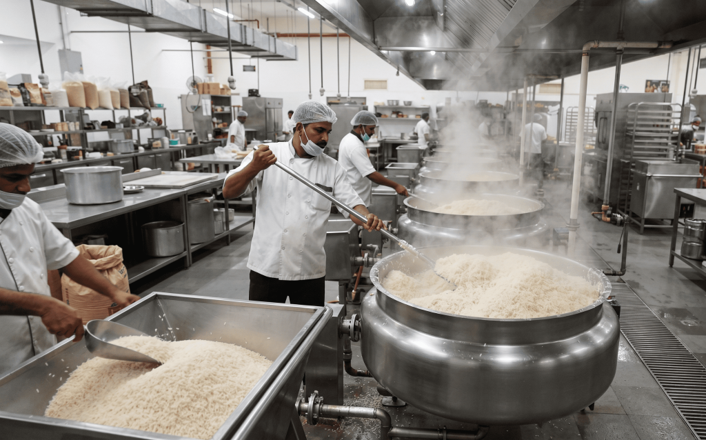Commercial food processing kitchen cooking large batches of Sona Masoori rice