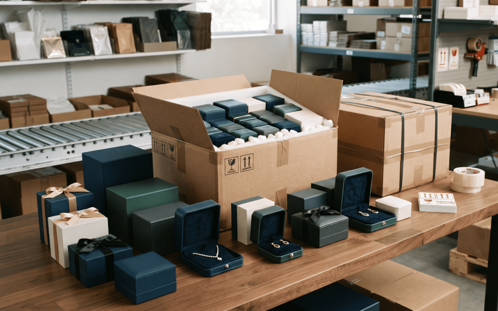 Custom branded jewelry boxes and premium packaging prepared for international export