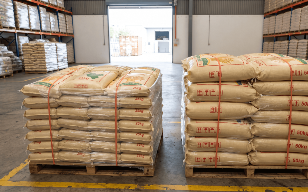 Export quality 25 kg and 50 kg Sona Masoori rice bags prepared for overseas shipment