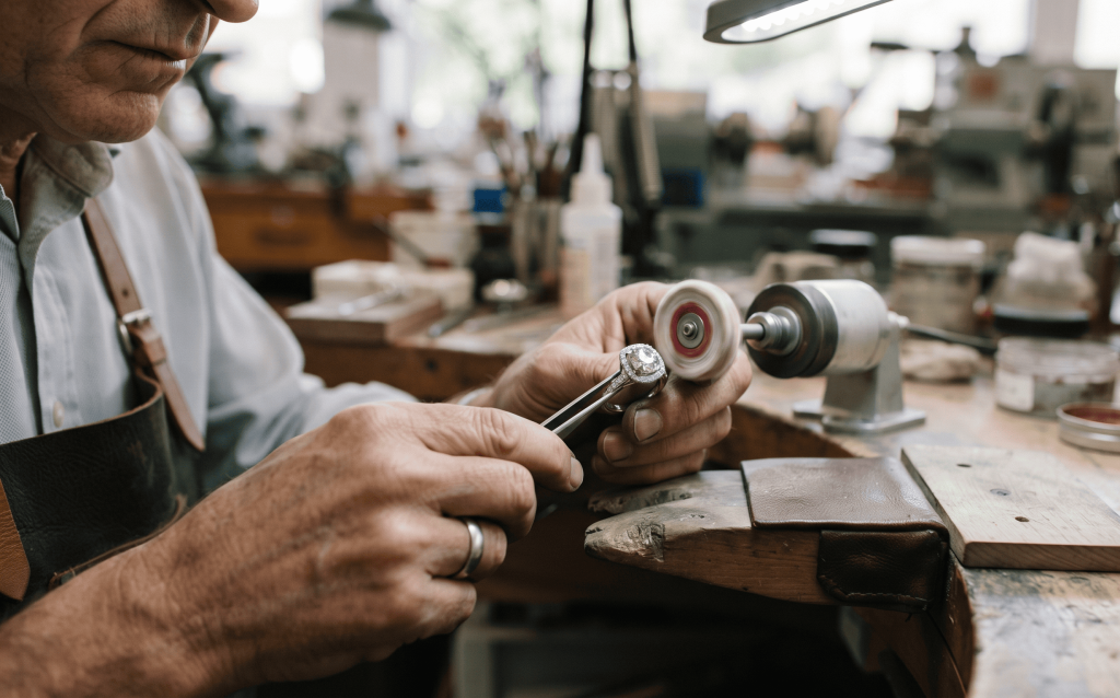 Final polish inspection of a luxury ring before packaging and shipment