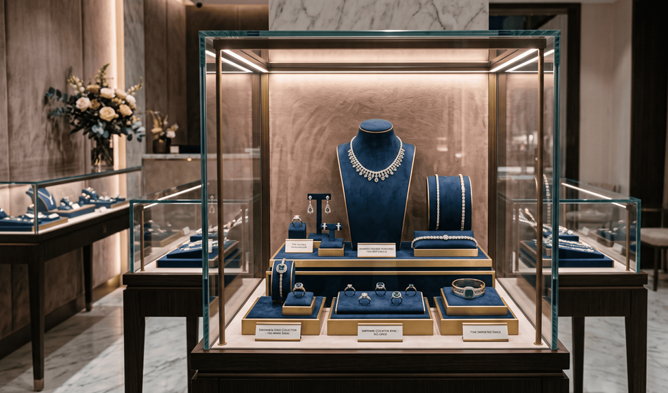VERTEX premium jewelry handcrafted design displayed in shop showcasing luxury ornaments, fine craftsmanship, and elegant retail showroom presentation