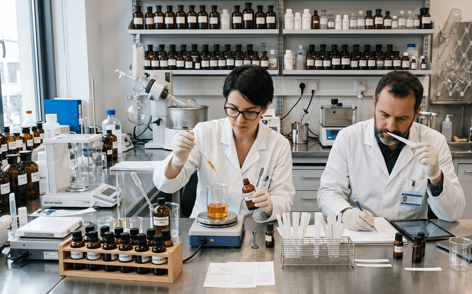 VERTEX custom perfume development laboratory showcasing fragrance formulation process, premium scent creation, and professional perfume testing equipment in modern production environment