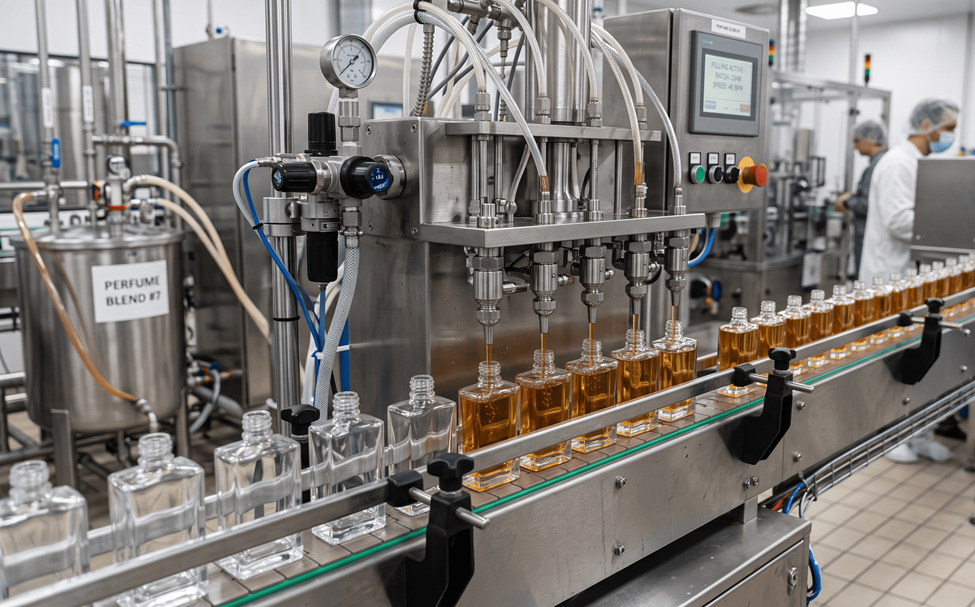 VERTEX private label perfume bottling process manufacturing line with fragrance filling, packaging, and production workflow in industrial factory setting