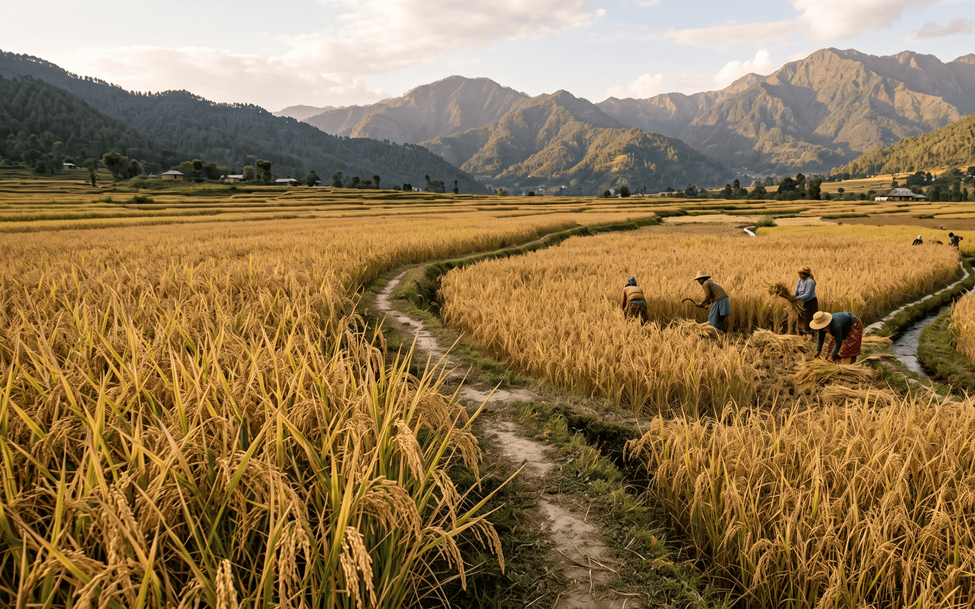 VERTEX premium basmati rice farm to fork process showing lush green rice fields, agricultural cultivation, and high-quality rice production sourcing