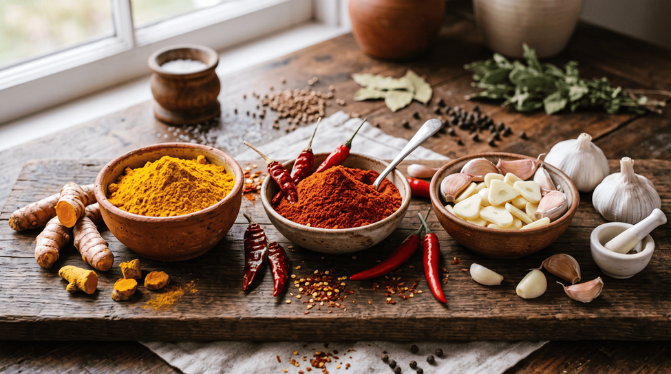 VERTEX organic turmeric red chilli garlic premium spice selection showcasing natural farm-sourced spices, high-quality ingredients, and agricultural produce for food industry use