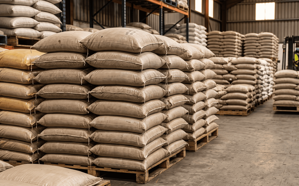 VERTEX bulk spice supply industrial quality spices stored in warehouse bags showing large-scale packaged spices, storage facility, and industrial distribution setup