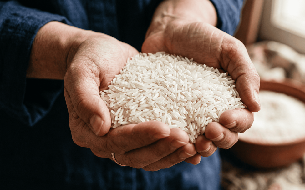 VERTEX fresh farm sourced rice export quality grains held in hands showcasing premium basmati rice texture, purity, and agricultural sourcing for global supply chain use