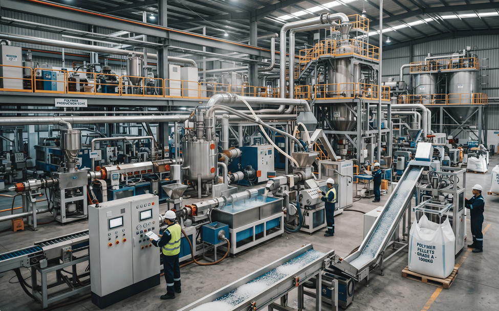 VERTEX industrial polymer supply chain factory manufacturing production line bulk industrial polymers raw materials processing logistics global supply network plant