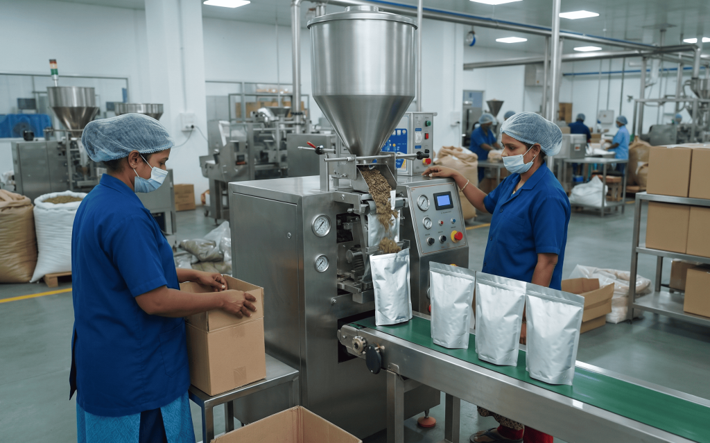 Export quality kasuri methi being processed and packed for international food manufacturers