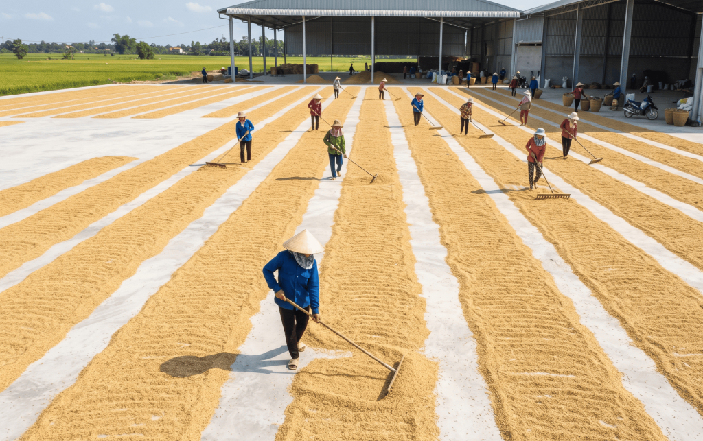 Freshly harvested paddy drying before rice milling and export