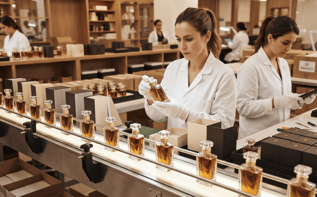 Luxury perfume bottles inspected before international shipment