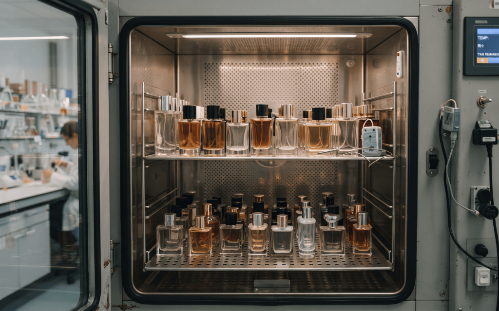 Perfume bottles undergoing stability testing for shelf life evaluation