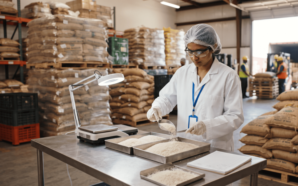 Quality inspection of export grade Sona Masoori rice before international shipment