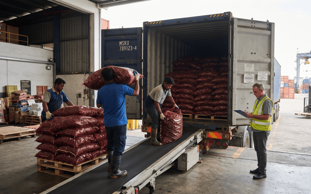 Export-quality red chillies being loaded into a container for international shipment