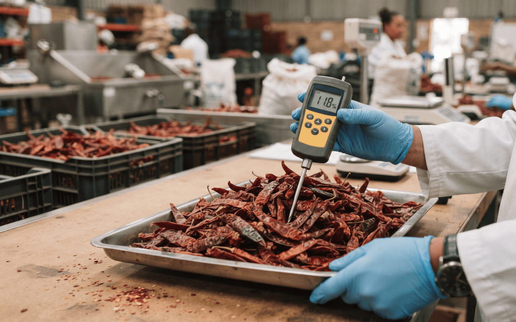 Technician measuring moisture content in dried red chillies for export quality control
