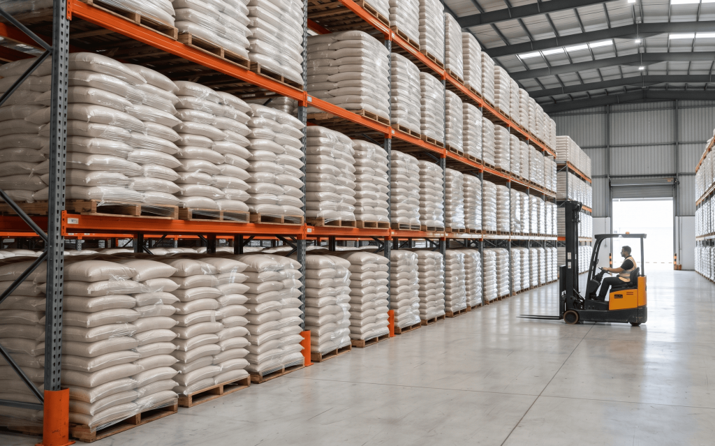 Export quality rice stored safely inside a clean warehouse