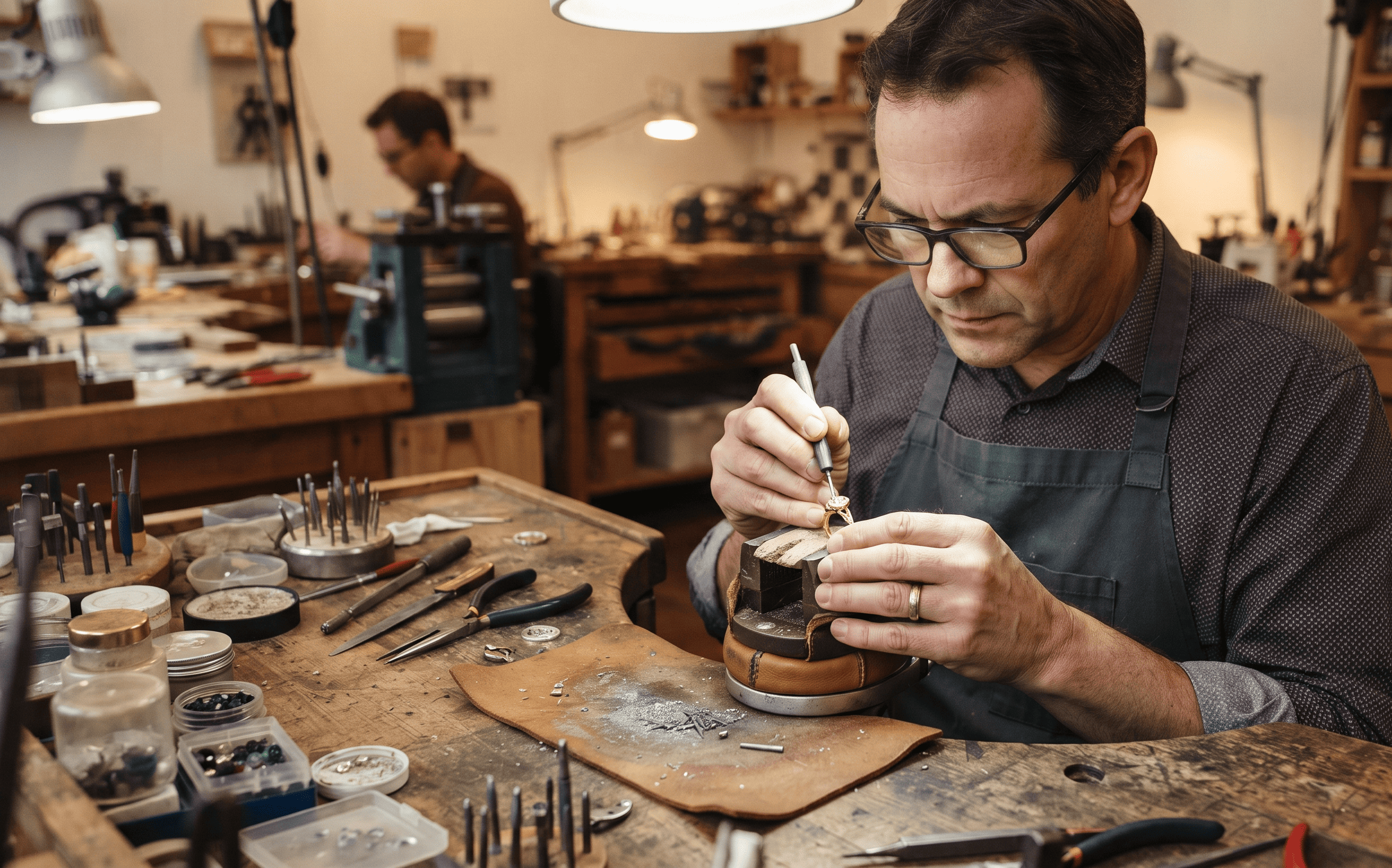 Skilled artisan setting a gemstone during modern jewelry production for export quality jewelry