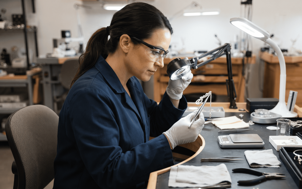 Sterling silver jewelry inspected for fire scale before polishing and plating