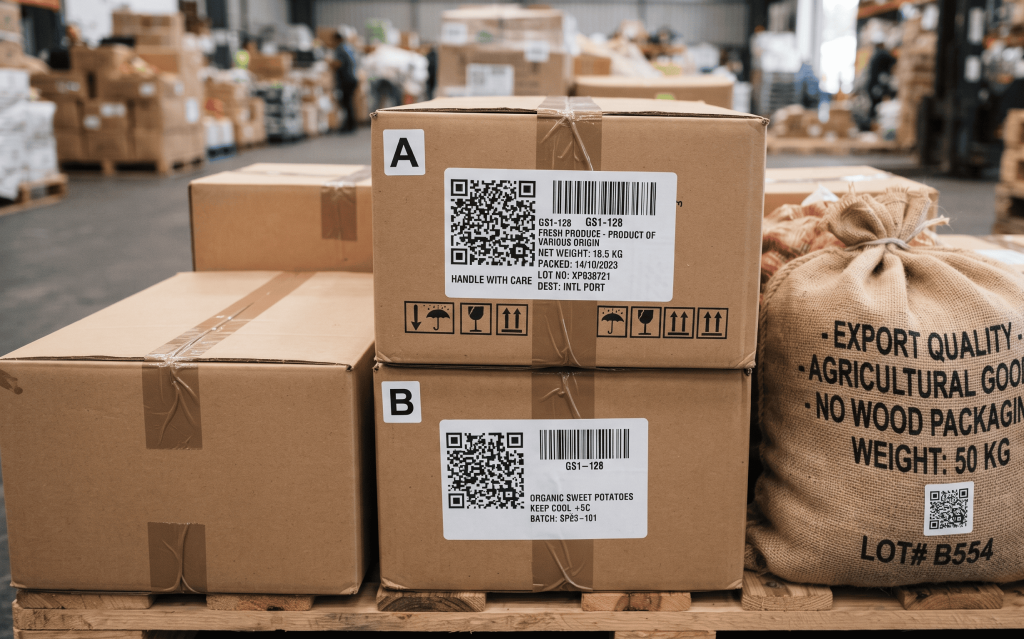 Traceable farm ingredients with export labels and quality documentation ready for international buyers
