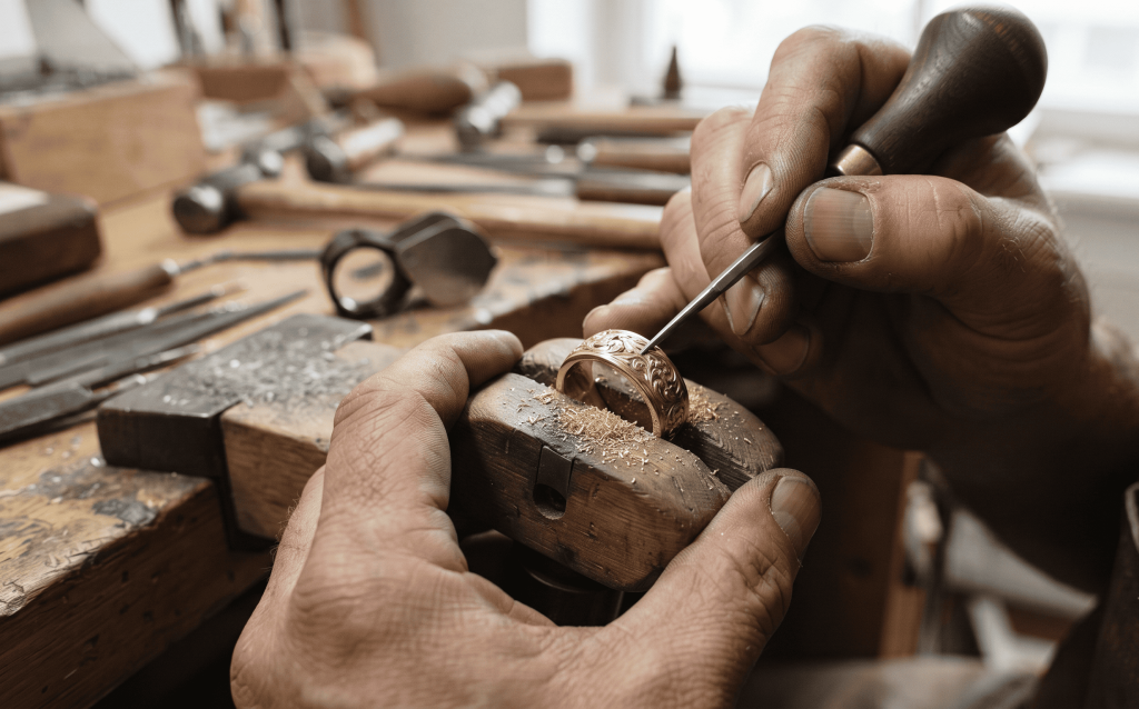 Artisan preserving traditional jewelry techniques through hand engraving and detailed craftsmanship
