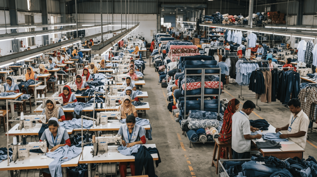 VERTEX apparel manufacturing solutions with garment production line, fabric processing, stitching, and quality control