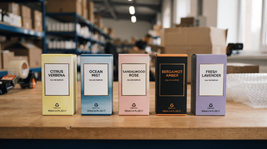 Export-ready perfume cartons prepared for global fragrance shipping