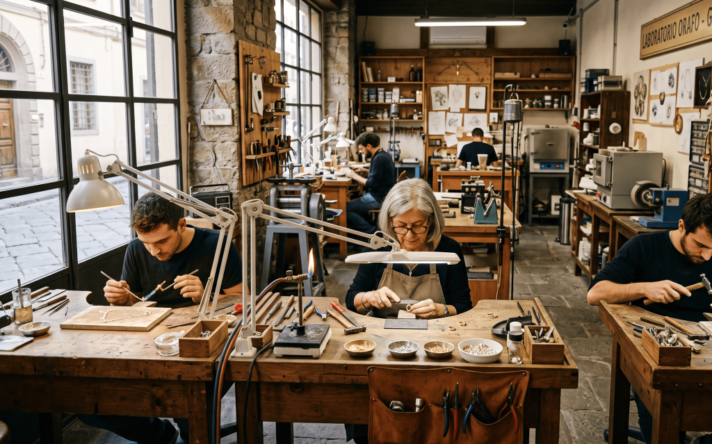 VERTEX fine jewelry manufacturing workshop with skilled artisans, precision craftsmanship, gold and silver jewelry production process, and modern jewelry production equipment in factory environment