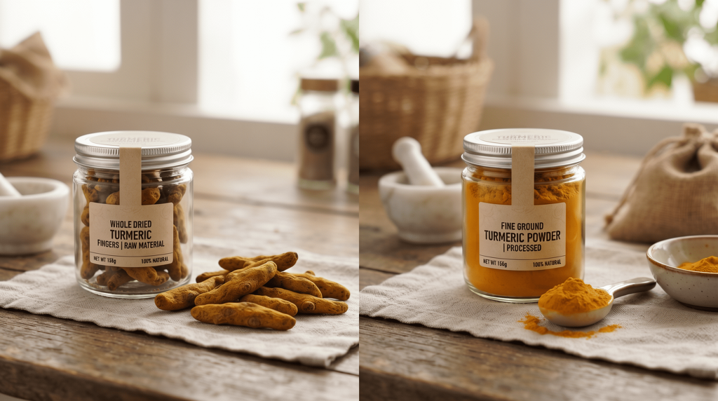 Food-grade turmeric whole fingers and turmeric powder bulk supply for food manufacturing