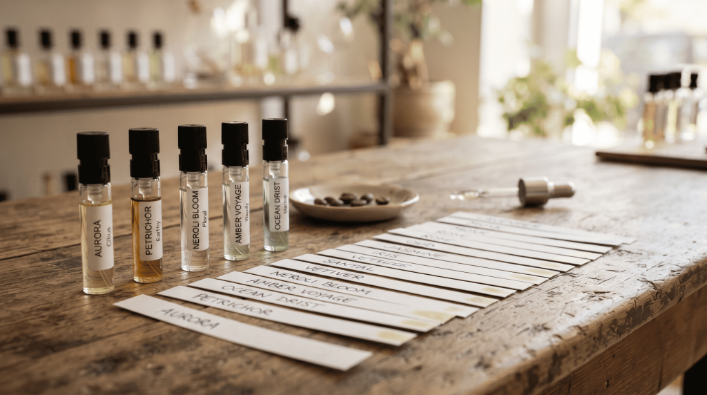 Fragrance sampling strips and perfume testing process