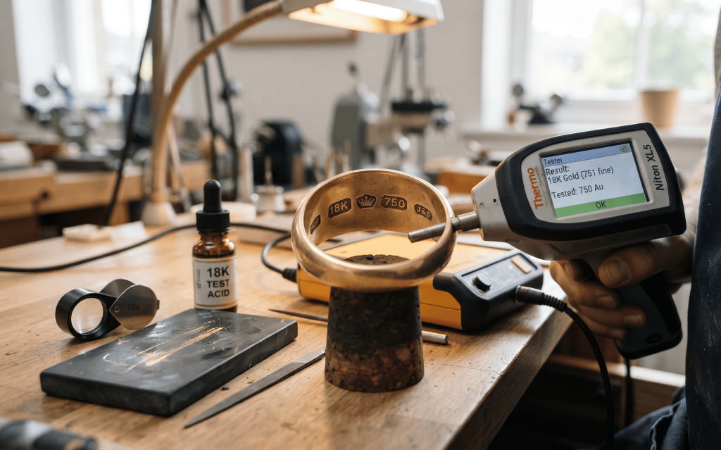 Jewelry hallmarks and testing equipment used to identify solid gold and plated jewelry
