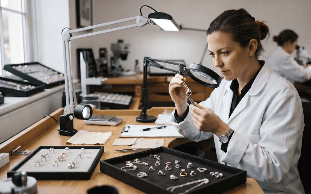 Jewelry quality control inspection checking finished custom jewelry pieces