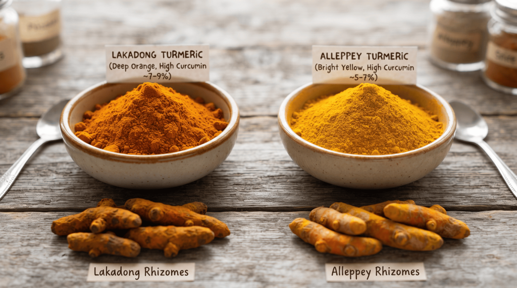 Lakadong and Alleppey turmeric varieties comparison showing curcumin content and color quality