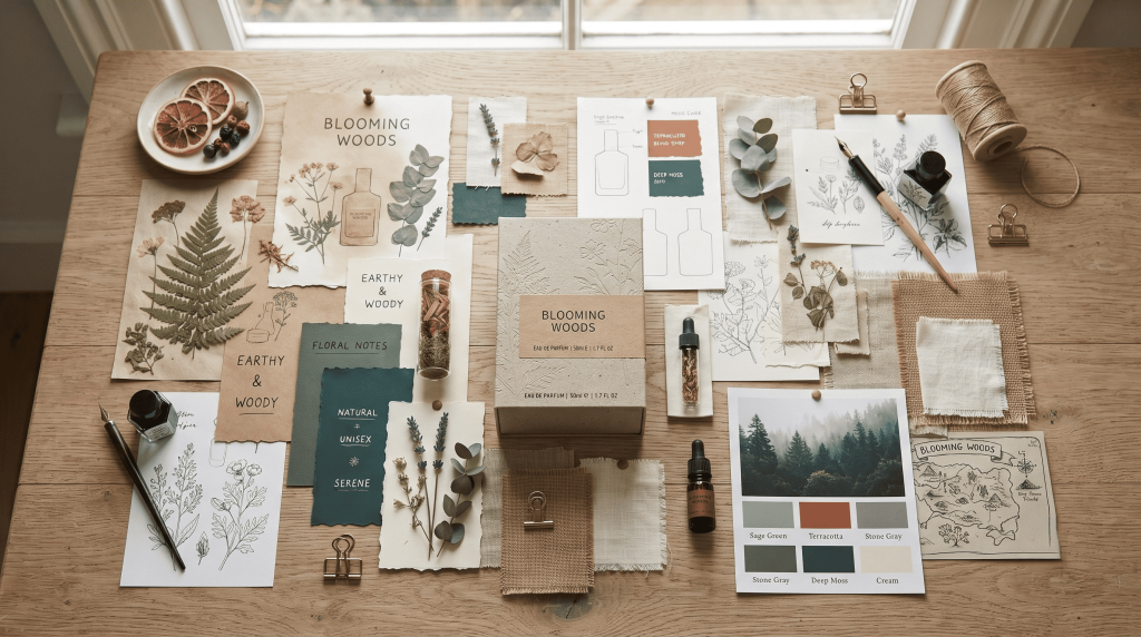 Perfume packaging design mood board for custom fragrance branding