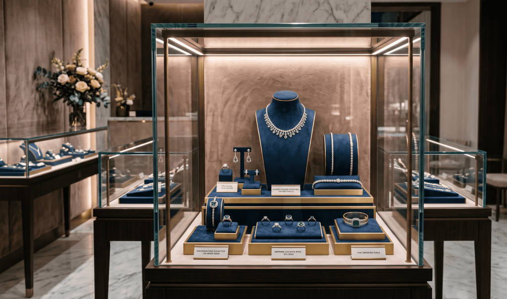 VERTEX premium jewelry handcrafted design displayed in shop showcasing luxury ornaments, fine craftsmanship, and elegant retail showroom presentation