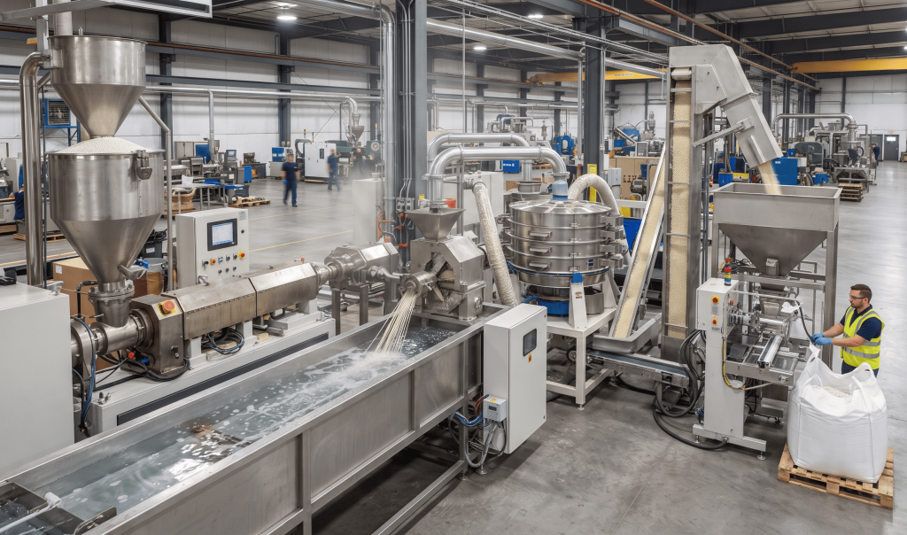 Polymer pellet manufacturing process from extrusion to packaging