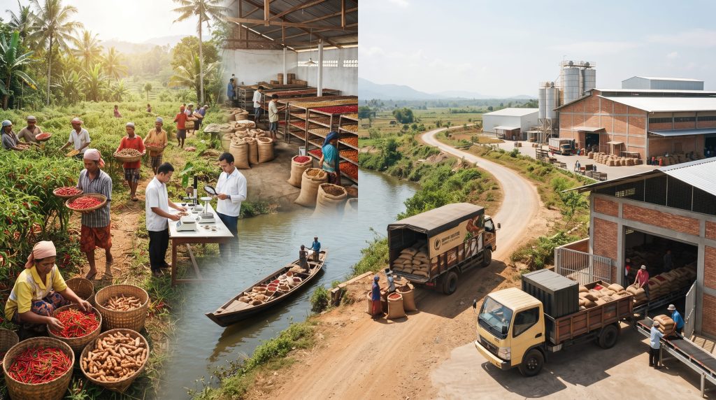 Farm-to-factory spice supply chain from harvest to factory