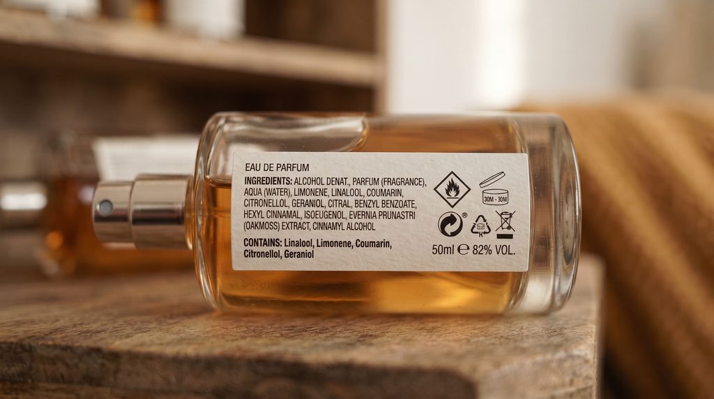EU perfume label showing fragrance allergen ingredients and compliance information