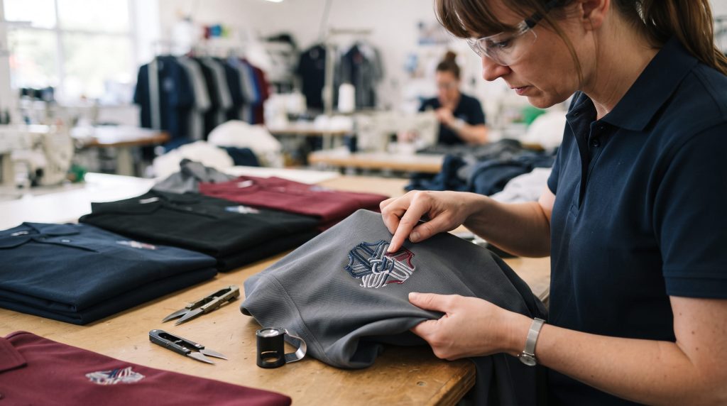 Bulk embroidery uniforms undergoing corporate apparel quality inspection